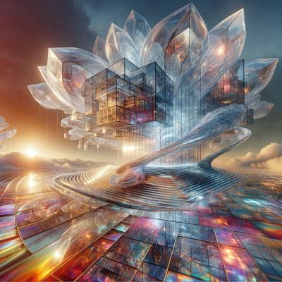 The primary subject of the image is a large, intricate, and colorful sculpture of a flower. The sculpture is made of glass and is placed in a setting with a blue sky and clouds in the background. The visual style of the image is digital art, as it appears to be a computer-generated or digitally rendered creation. The colors and mood of the image are vibrant and lively, with the blue sky and clouds adding a sense of depth and tranquility to the scene.